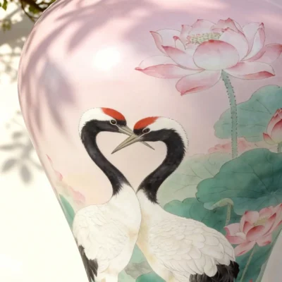 瓷瓶Xh01-6 ‘Cranes Dancing over the Lotus Pond’ — An Eternal Love Poem Painted on a Famille Rose Porcelain Vase