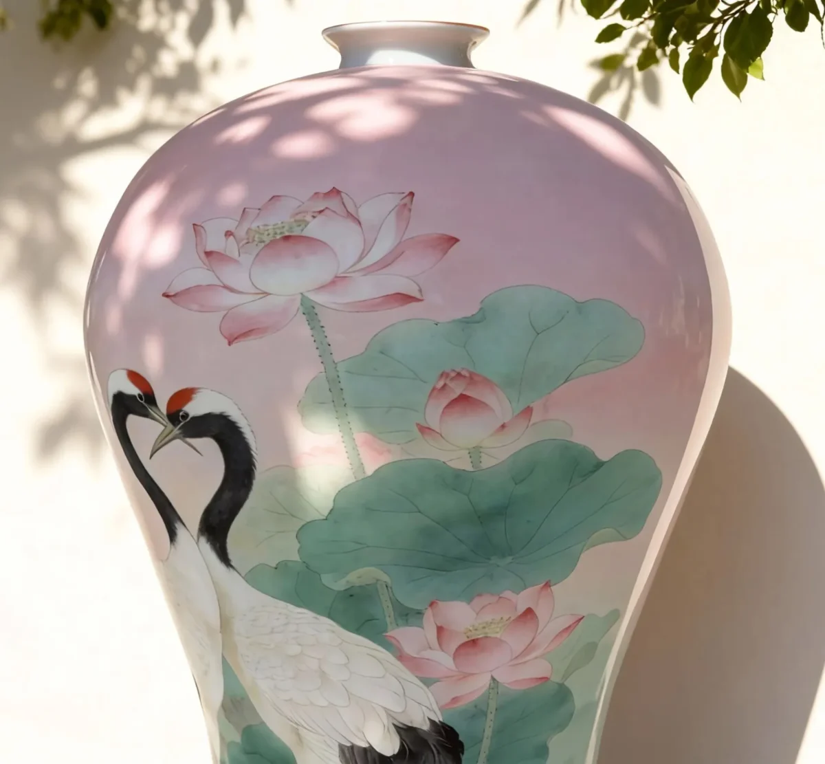 瓷瓶Xh01-7 ‘Cranes Dancing over the Lotus Pond’ — An Eternal Love Poem Painted on a Famille Rose Porcelain Vase
