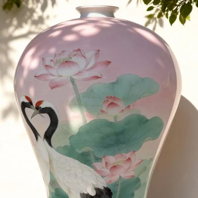 瓷瓶Xh01-7 ‘Cranes Dancing over the Lotus Pond’ — An Eternal Love Poem Painted on a Famille Rose Porcelain Vase